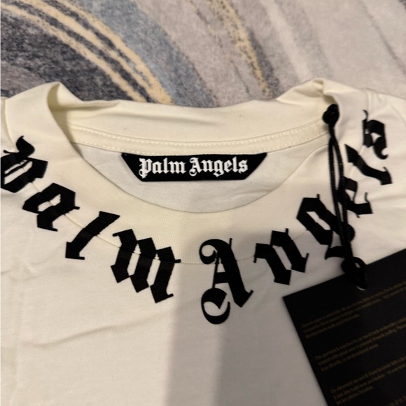 Palm Angels Spellout Neck Logo White T-Shirt Size Large - Picture 2 of 3